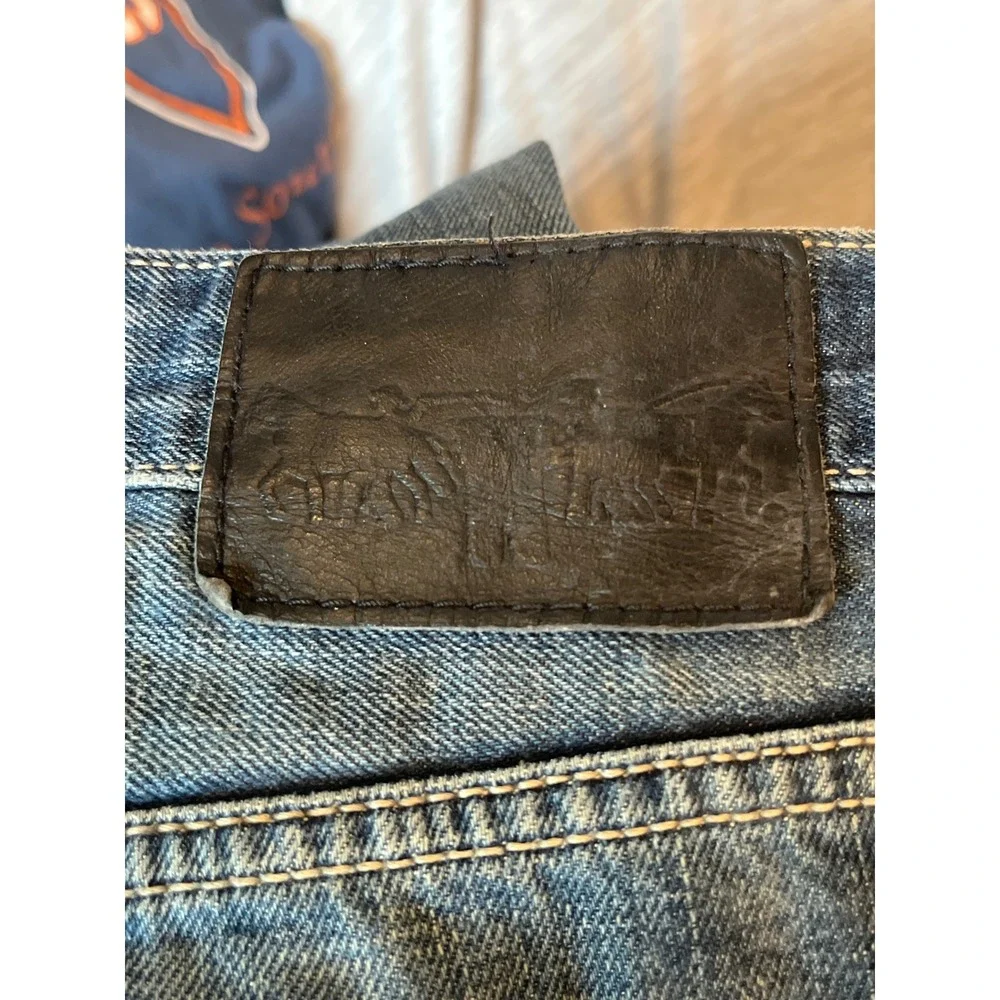 Levis Straight Leg Jeans Medium Wash Distressed Thick Stitch Blue TPR9 34x34‎